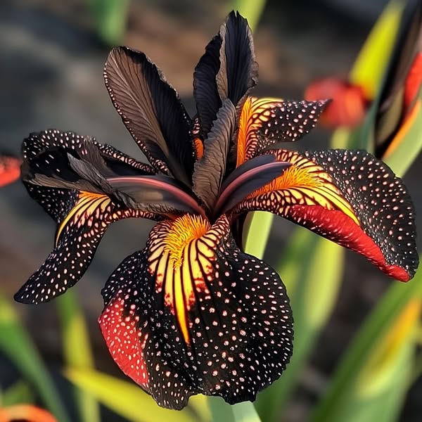 Black and Red Leopard-Patterned Iris (Iris spp.)